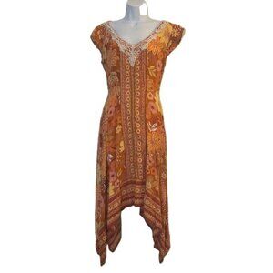 Lola‎ P Orange Floral Print Midi Dress Crochet Neck Tie Waist Asymmetrical Hem